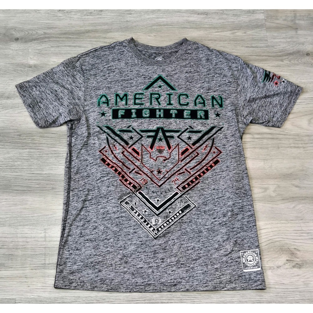 American Fighter Eagle Logo Graphic Men's Gray Double-Sided T-Shirt Size L